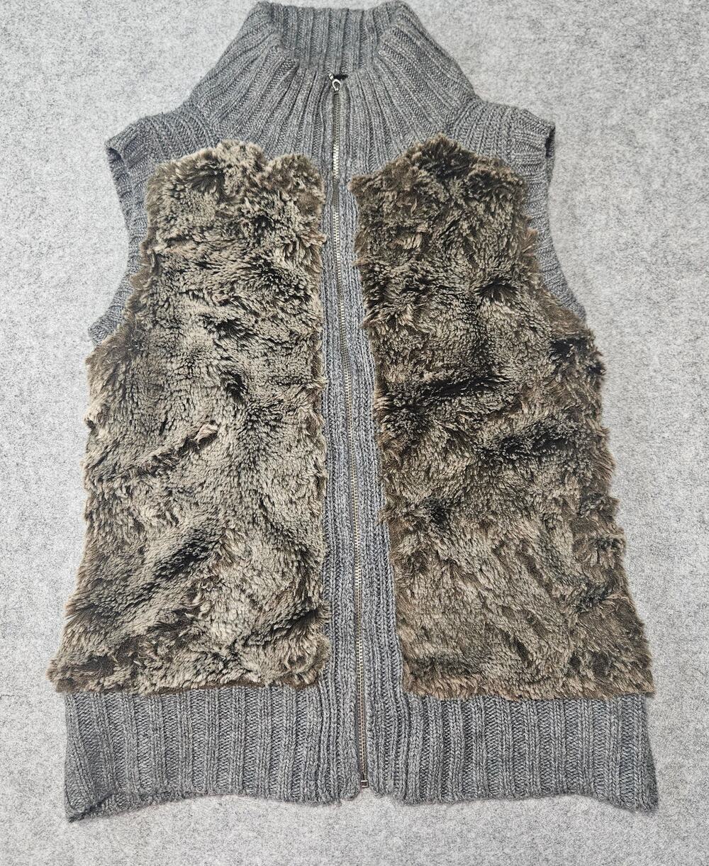 Guess Gray Ribbed Knit Sweater Vest with Brown Faux Fur Front - Size S